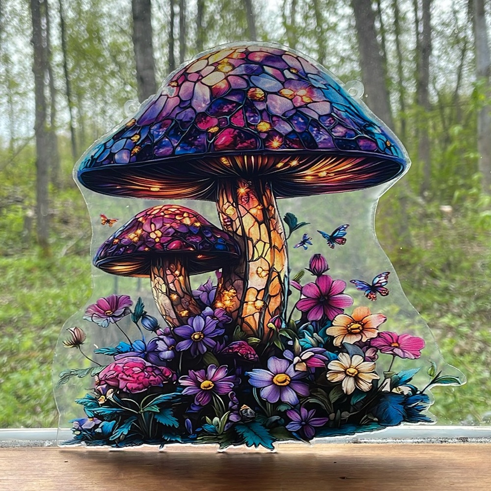 Suncatcher Acrylic Purple Mushroom Home Garden Decoration Faux Stained Glass New